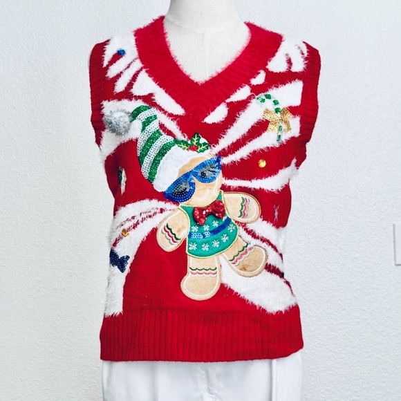 Christmas Sweater Vest Embellished Gingerbread Man - Picture 2 of 5